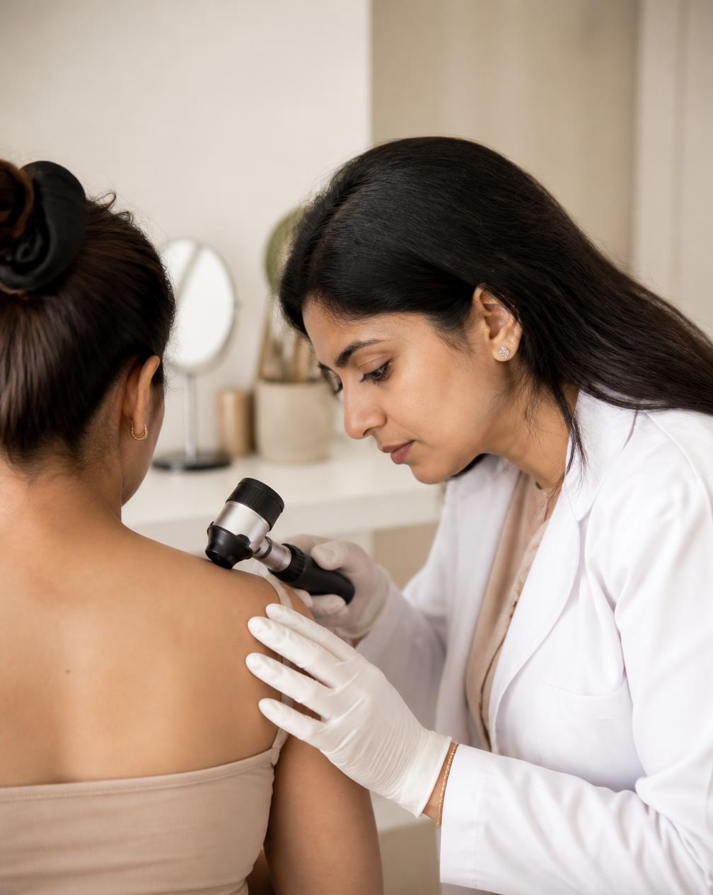Hebe dermatologist examining a patient's skin with a dermatoscope