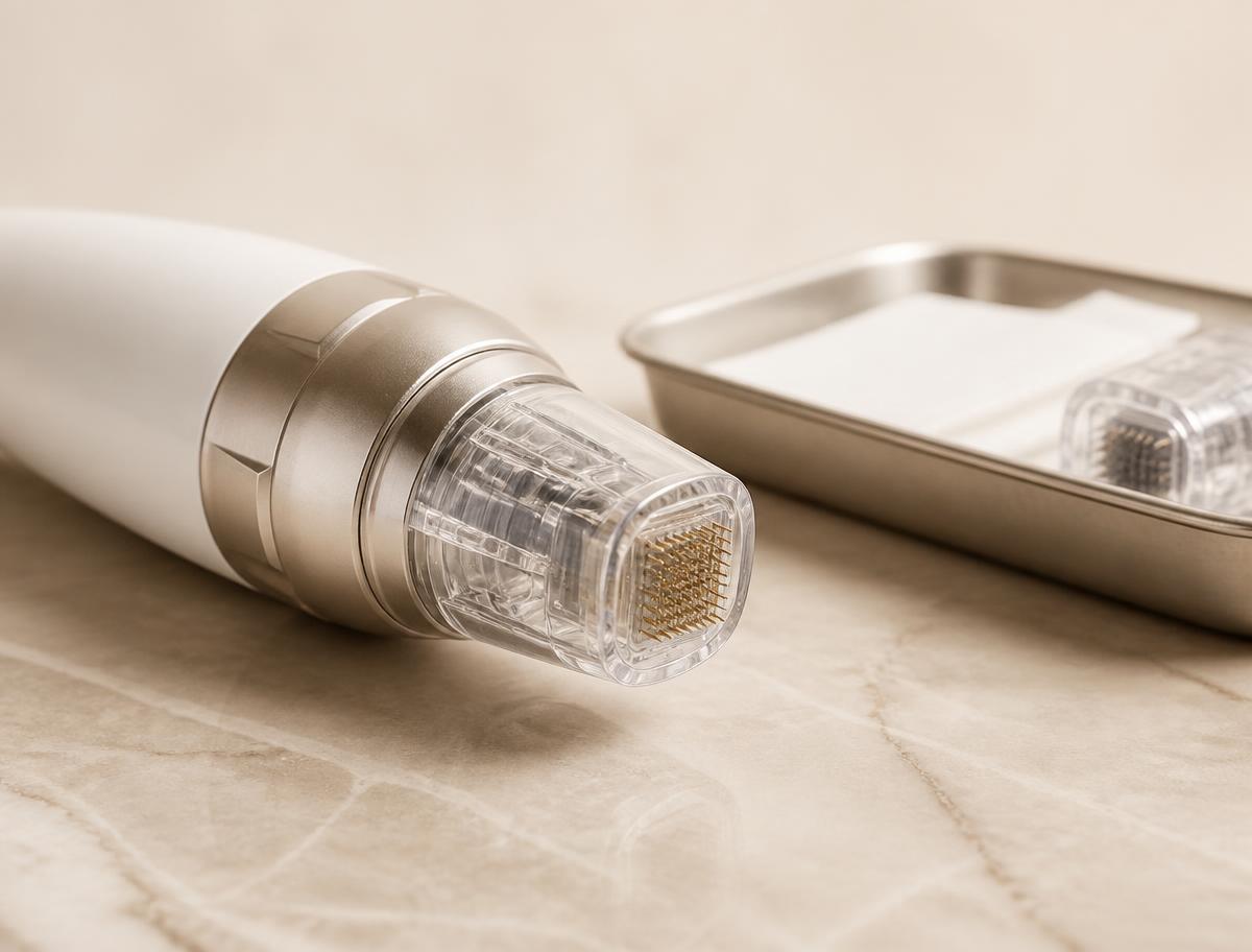 Microneedling radiofrequency device cartridge on a stone surface